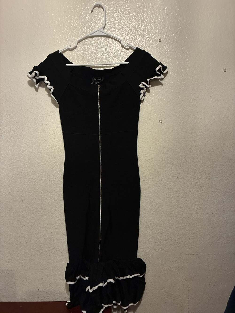 bebe Adele Ruffle Midi Dress, Black/White Bandage Style